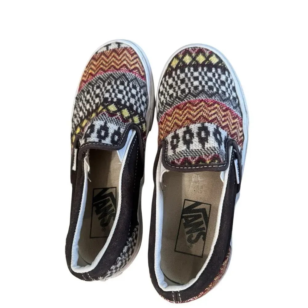 Vans Classic Slip On Fair Isle Brown Woven Textile Sneakers Size 3.5